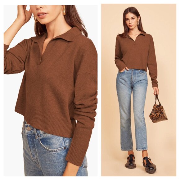 Reformation Sweaters - Reformation Cashmere Knit Cropped Polo Sweater in Cinnamon Brown Women's M